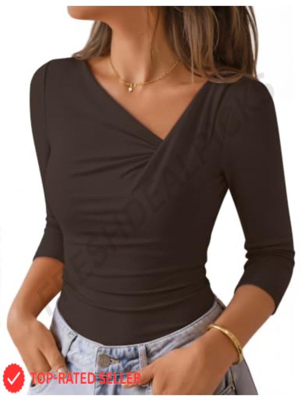Women's 3/4 Sleeve Asymmetrical Neck Ruched Waist Blouse Slim Fit Top